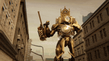 a robot with a clock on top of it is walking down a city street