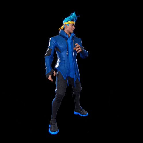 a man with blue hair is wearing a blue jacket and blue shoes