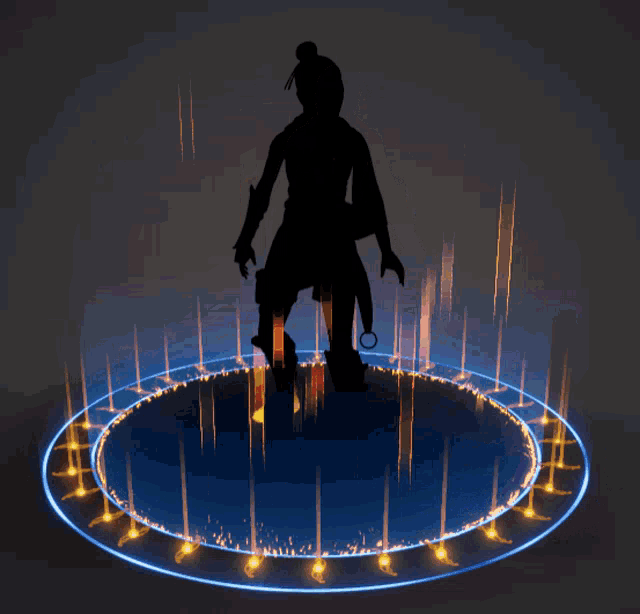a silhouette of a person in a circle of fire