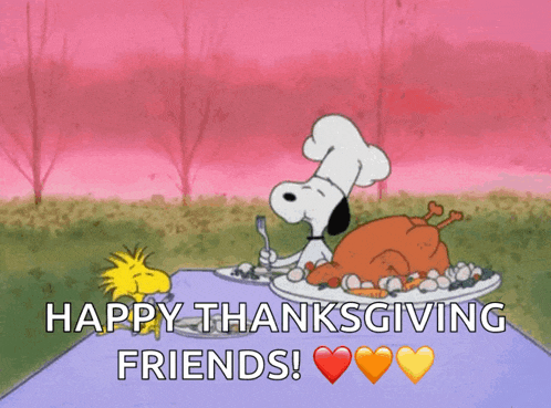 a cartoon of snoopy and woodstock eating a turkey with the words happy thanksgiving friends below them