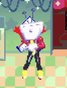 a pixel art drawing of a cartoon character with a red cape