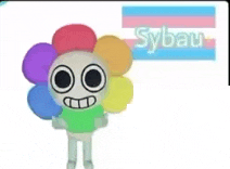 a cartoon character with a rainbow flower on his head is standing next to a sign that says sybau .