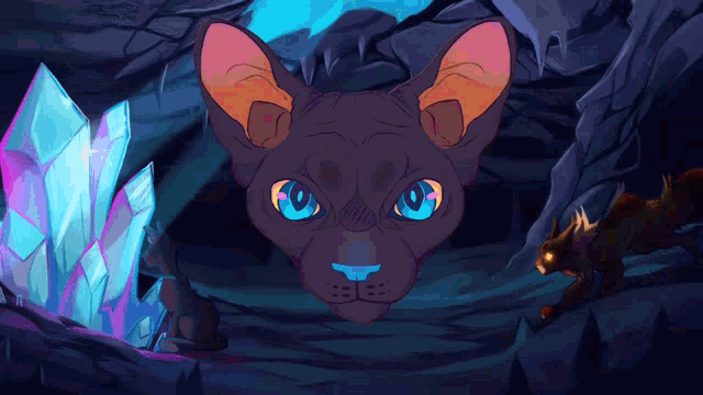 a drawing of a cat with blue eyes standing in a cave