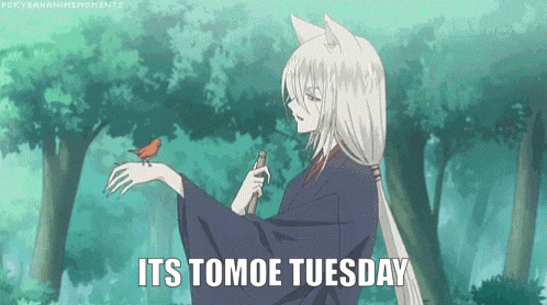 a cartoon of a girl holding a bird with the words " its tomoe tuesday " below her