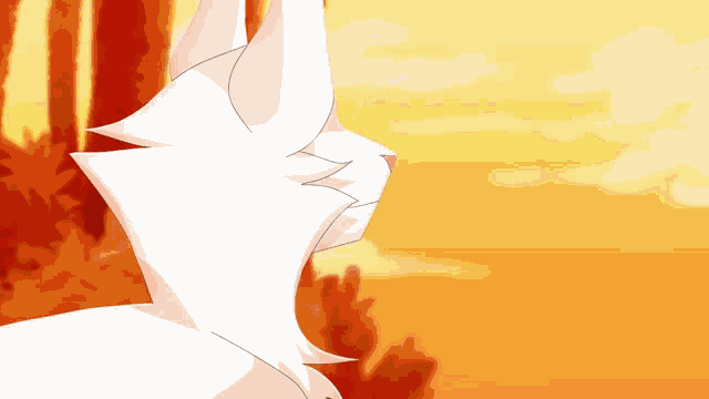 a cartoon drawing of a white cat in front of trees