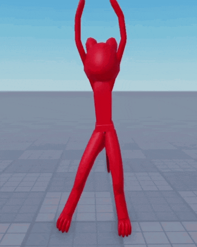 a red cartoon character with a tail is dancing