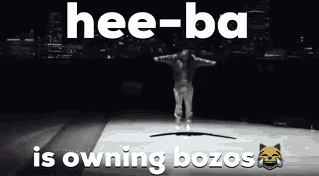 a man is jumping on a trampoline with the words hee-ba is owning bozos above him