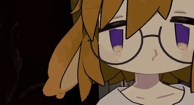a cartoon of a girl with glasses and purple eyes