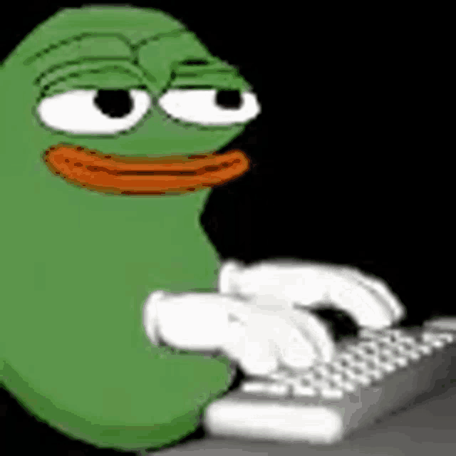a green frog is typing on a keyboard with white gloves .