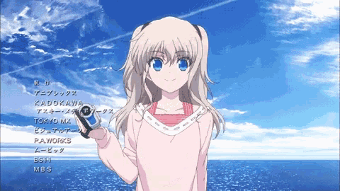 a girl in a pink sweater is standing in front of a blue sky