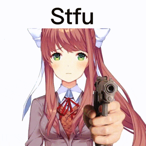 a picture of a girl holding a gun with stfu written on it