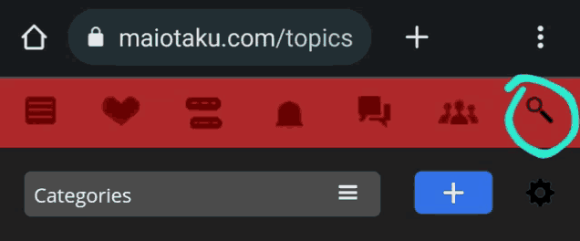 a screenshot of maiotaku.com/topics with a magnifying glass circled