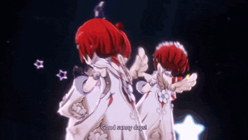 a couple of anime characters are standing next to each other and one of them is saying good sunny days