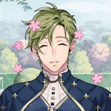 a man with green hair and pink flowers on his head