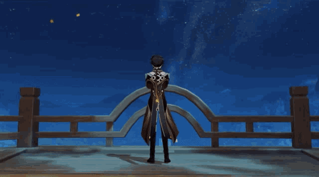 a video game character is standing on a bridge looking at the sky