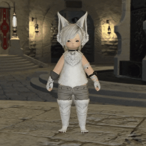 a little girl wearing a white fox costume is standing in front of a stone wall