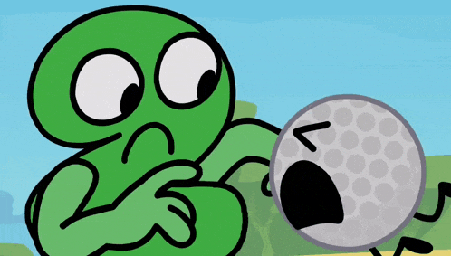 a green cartoon character is looking at a golf ball with holes in it