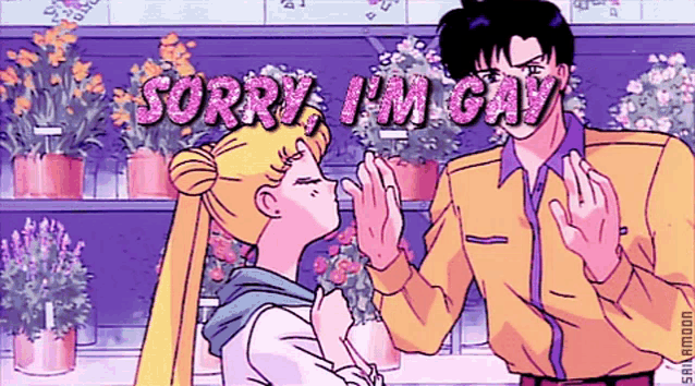 a man and a woman are standing next to each other and the words sorry i 'm gay are written on the screen