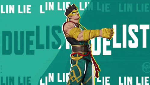 a man in a green and yellow outfit is standing in front of the words lin lie