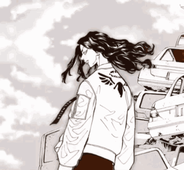 a black and white drawing of a man standing in front of a pile of cars with the word tokyo on the back