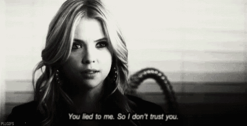 a black and white photo of a woman with a quote that says `` you lied to me so i don 't trust you ''