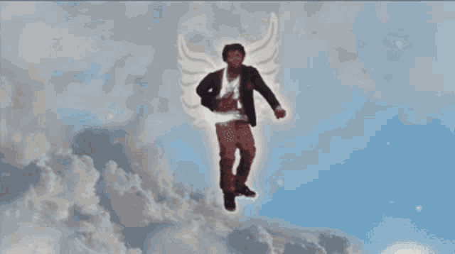 a man with angel wings is flying through the clouds