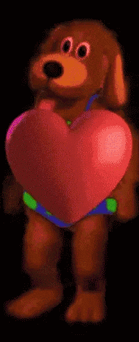 a cartoon dog is holding a large heart in its paws
