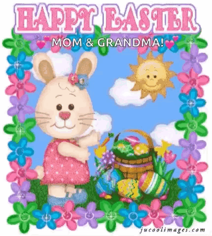 a happy easter mom and grandma greeting card with a bunny and easter eggs