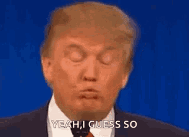 donald trump is wearing a suit and tie and making a funny face while giving a speech .