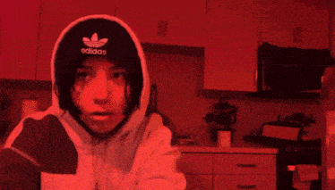 a person wearing an adidas hoodie in a red room