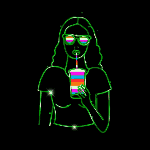 a neon drawing of a woman drinking a smoothie