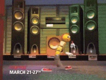 a slinky toy is dancing in front of a wall of speakers with march 21-27th written on the bottom