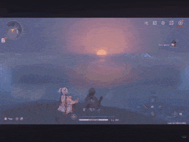 a video game screen shows a man and a woman watching the sun set