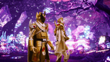 a man in a gold armor with a crown on his head stands next to another man