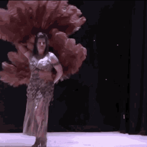 a woman is dancing on a stage with a large feathered costume on .