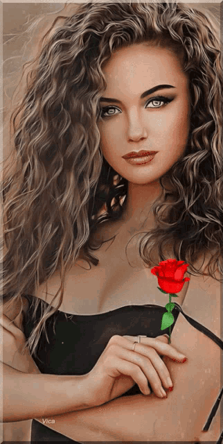 a woman is holding a red rose in her hand