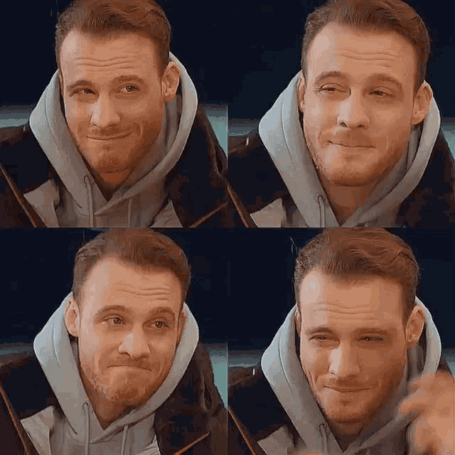 a man with a beard is wearing a hoodie and making different facial expressions .