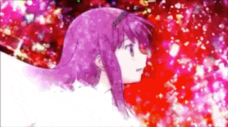 a purple haired anime girl is standing in front of a pink background .