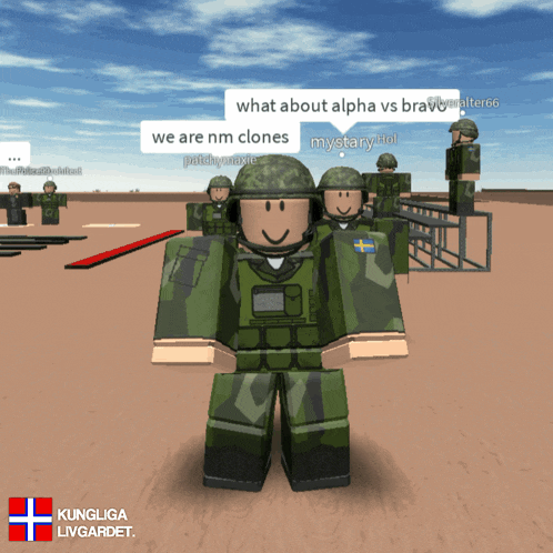 a group of soldiers are standing in a desert and one of them is wearing a green uniform