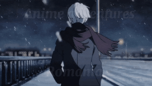 a man with a scarf around his neck is walking in the snow with the words anime adventures in the background