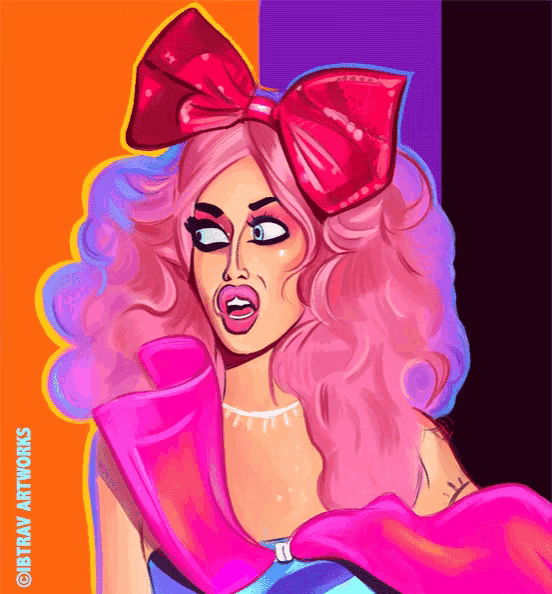 a colorful drawing of a drag queen with a red bow on her head