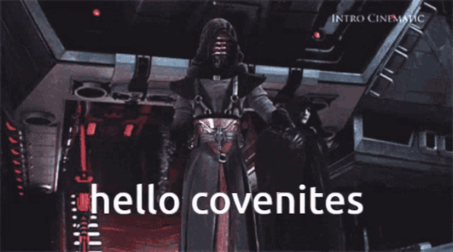 a video of a man holding a lightsaber with the words hello covenites