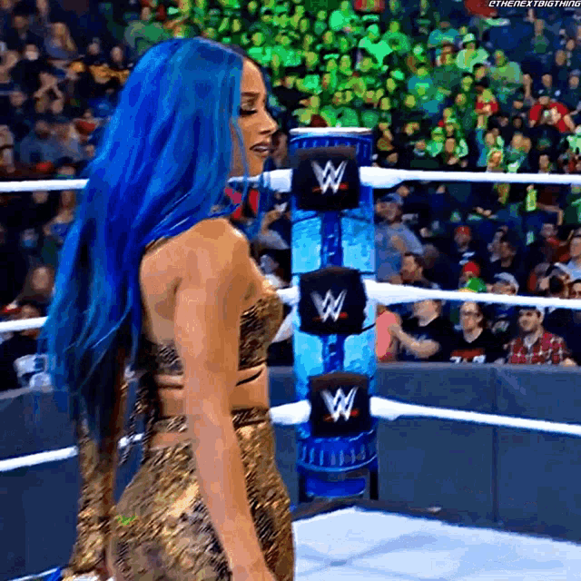 a woman with blue hair is standing in a wrestling ring with a wwe logo in the background