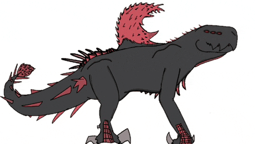 a drawing of a black dragon with red feathers on its tail