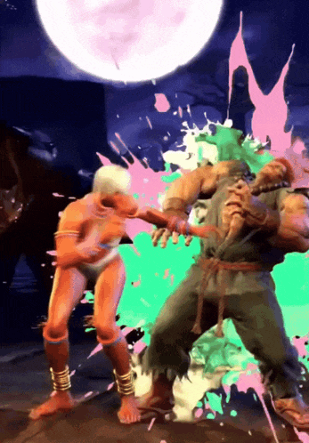 a man and a woman fighting in a video game with a full moon in the background