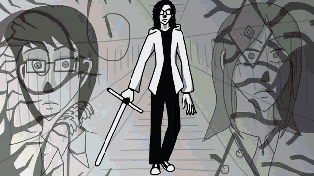 a black and white drawing of a man holding a sword with a letter i in the background