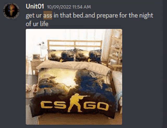 a picture of a bed with a cs go comforter on it