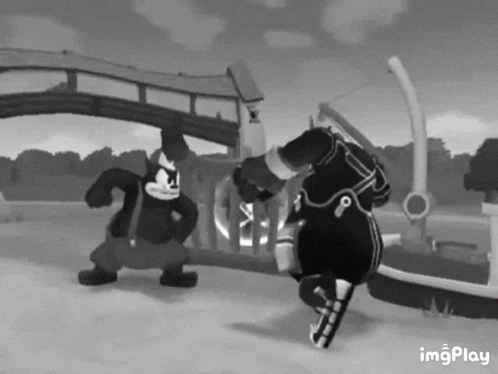 a black and white photo of two cartoon characters fighting each other .