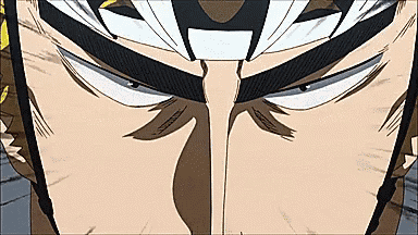 a close up of a man 's face in a cartoon with a helmet on .