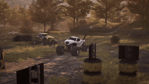 a monster truck that looks like a dalmatian is on a dirt road